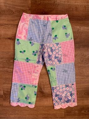 Lilly Pulitzer Vintage White Label Patchwork Lined Pockets Scallop Hem Crops S 6